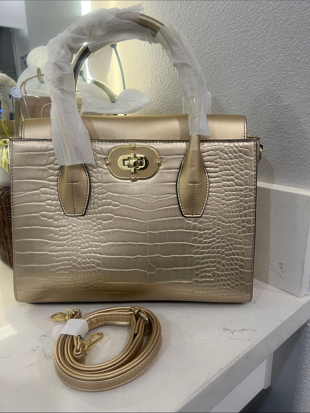 Metallic Gold Croc-Embossed Satchel Handbag. NWT